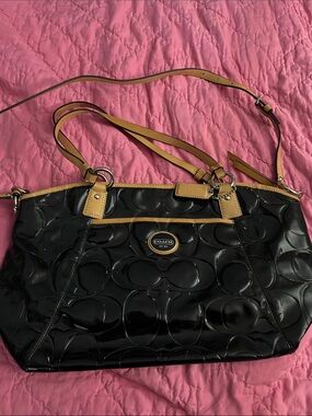Coach Black Patent Shoulder Bag with Tan Trim